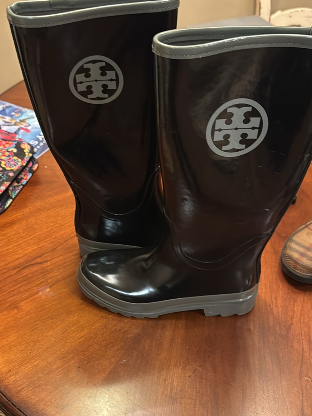 Tory Burch Black Rain & Snow Boots with Gray Trim